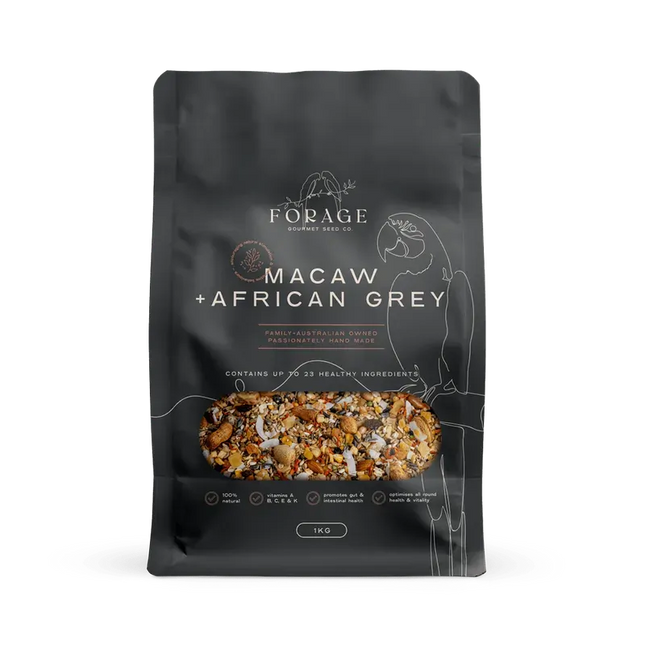 Forage Gourmet Macaw and African Grey bird cage accessory in 1kg bag, suitable for pet bird nutritional enrichment.