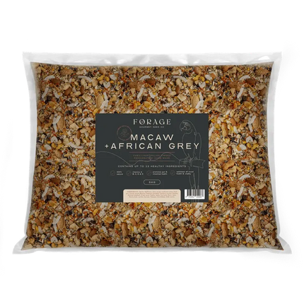 Forage Gourmet Macaw and African Grey bird food in 5kg bag, suitable for pet birds like macaws and African greys.
