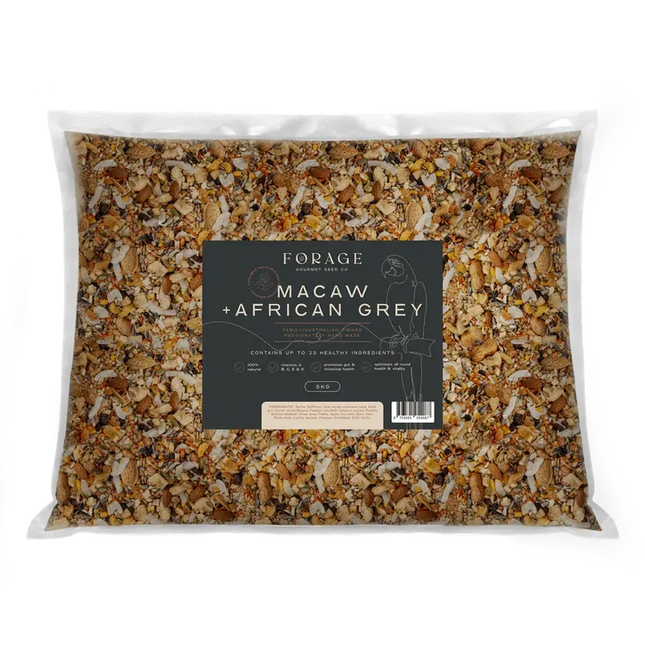 Forage Gourmet Macaw and African Grey bird food in 5kg bag, suitable for pet birds like macaws and African greys.