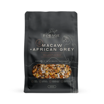 Forage Gourmet mix for macaws and African greys, 500g, bird cage accessory by Macaw And Friends, displayed in a clear container.