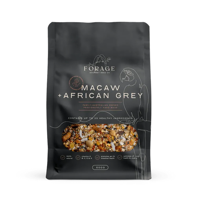 Forage Gourmet mix for macaws and African greys, 500g, bird cage accessory by Macaw And Friends, displayed in a clear container.