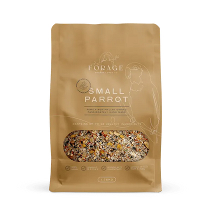Small parrot forage mix in a 1.75kg bag by Macaw And Friends, suitable for bird cage feeding and pet bird nutrition.