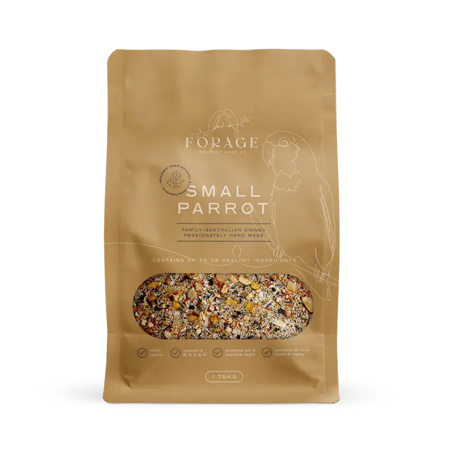 Small parrot forage mix in a 1.75kg bag by Macaw And Friends, suitable for bird cage feeding and pet bird nutrition.
