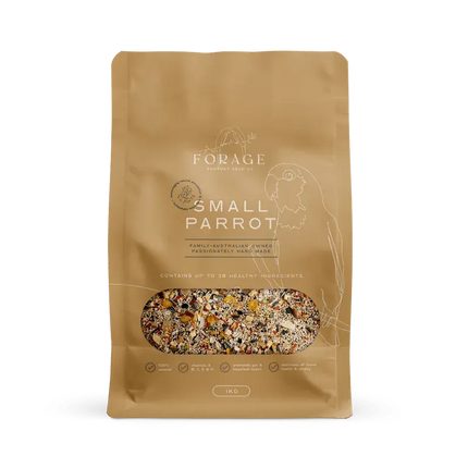 Small parrot forage mix from Macaw and Friends, 1kg bag, suitable for small parrots, bird cage accessory for pet care.