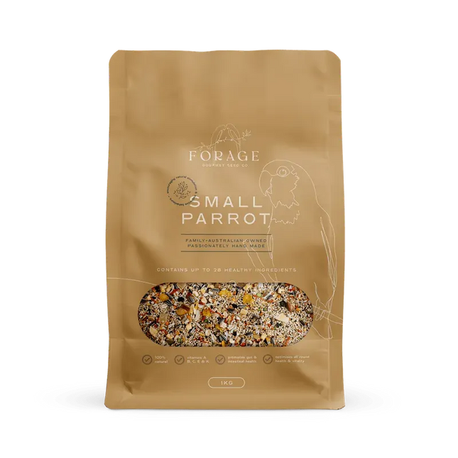 Small parrot forage mix from Macaw and Friends, 1kg bag, suitable for small parrots, bird cage accessory for pet care.