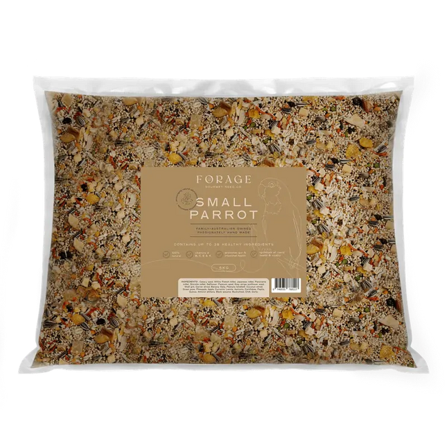 Forage Gourmet small parrot seed mix in 5kg bag by Macaw And Friends, suitable for small pet parrots.