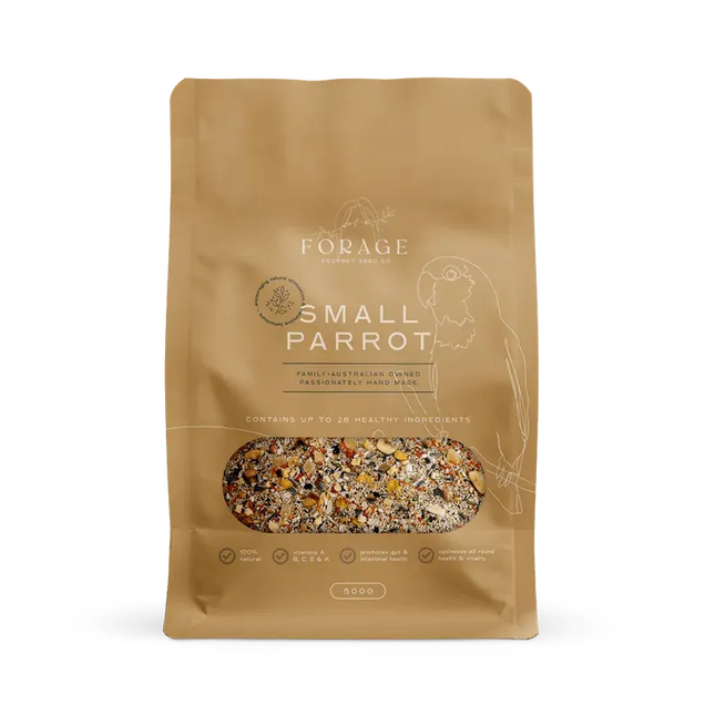 Small Forage Gourmet for parrots by Macaw And Friends, 500g package, bird cage accessory with colorful dried fruits and nuts.