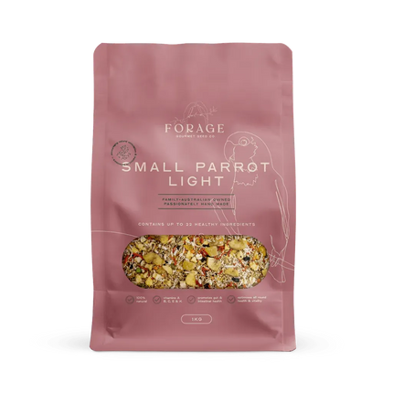 Small 1kg bag of Forage Gourmet parrot food by Macaw And Friends, designed for small parrots, shown in packaging.