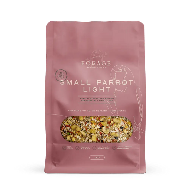 Small 1kg bag of Forage Gourmet parrot food by Macaw And Friends, designed for small parrots, shown in packaging.