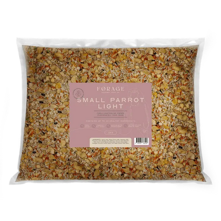 Small 5kg Forage Gourmet parrot food by Macaw And Friends, designed for bird cage feeding, featuring colorful packaging.