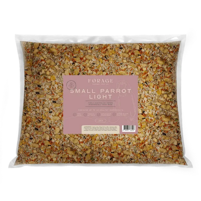 Small 5kg Forage Gourmet parrot food by Macaw And Friends, designed for bird cage feeding, featuring colorful packaging.