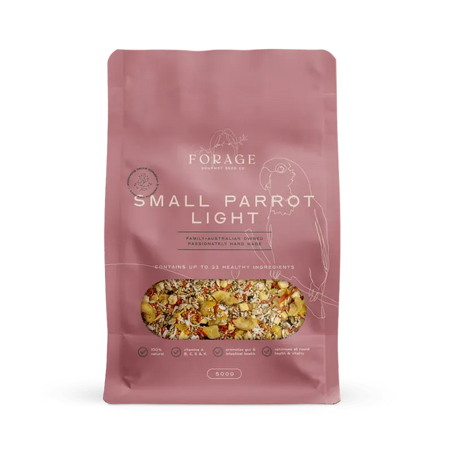 Small forage gourmet bird treat for parrots in a 500g package by Macaw And Friends, designed for bird cage enrichment.