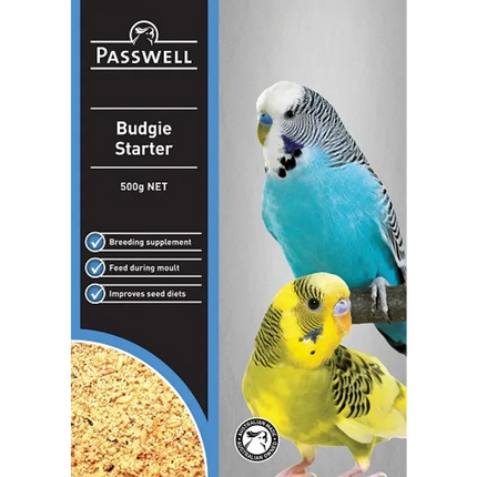 Passwell Budgie Starter 500g bag of bird food for budgerigars, from Macaw and Friends, suitable for bird cage feeding.