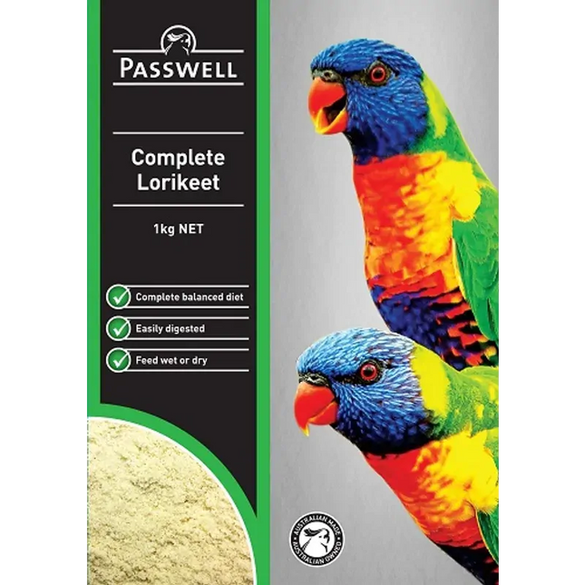 Complete Passwell Lorikeet bird food in 1kg bag, suitable for pet lorikeets, from Macaw And Friends, with colorful bird cage accessories.