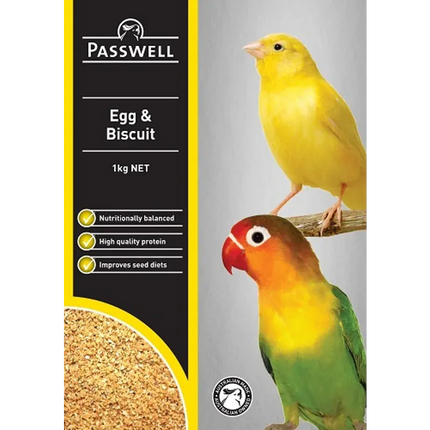 Passwell Egg & Biscuit 1kg for birds, packaged in a colorful container, suitable as a nutritious bird cage treat from Macaw And Friends.