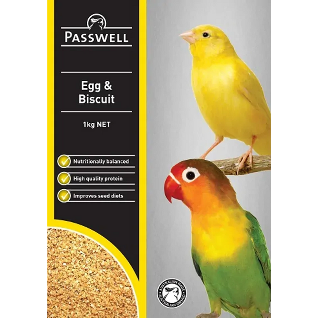 Passwell Egg & Biscuit 1kg for birds, packaged in a colorful container, suitable as a nutritious bird cage treat from Macaw And Friends.