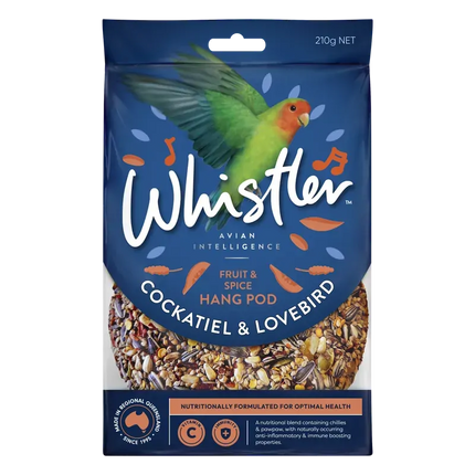 Eight packs of Whistler Cockatiel and Lovebird Pod Fruit & Spice bird cage accessories by Macaw and Friends, featuring colorful bird treats.