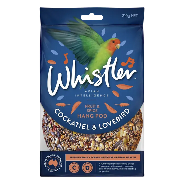Eight packs of Whistler Cockatiel and Lovebird Pod Fruit & Spice bird cage accessories by Macaw and Friends, featuring colorful bird treats.