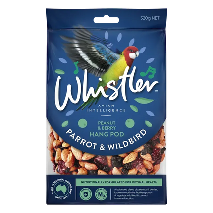 Macaw and Friends Whistler Parrot and Wildbird Pod Berries Blend 320g, 8-pack bird cage accessories with colorful berry pellets