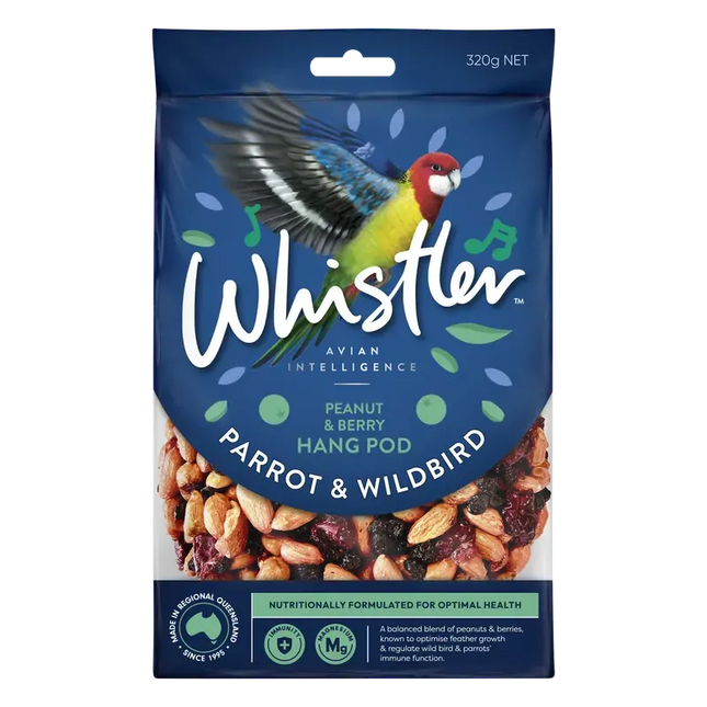 Macaw and Friends Whistler Parrot and Wildbird Pod Berries Blend 320g, 8-pack bird cage accessories with colorful berry pellets