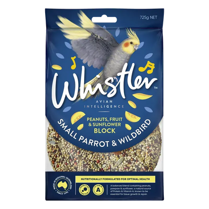 Whistler Small Wildbird & Parrot Block by Macaw And Friends, 725g, bird cage accessory with seeds and natural ingredients.