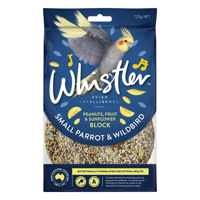 Whistler Small Wildbird & Parrot Block by Macaw And Friends, 725g, bird cage accessory with seeds and natural ingredients.