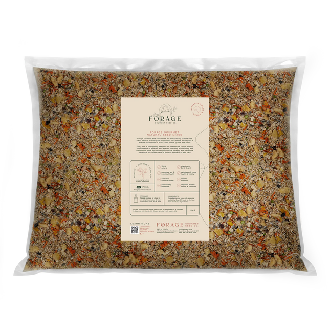 Back view of a Forage Gourmet Cockatiel 5kg bag from Macaw and Friends, bird cage accessory for pet bird nutrition.