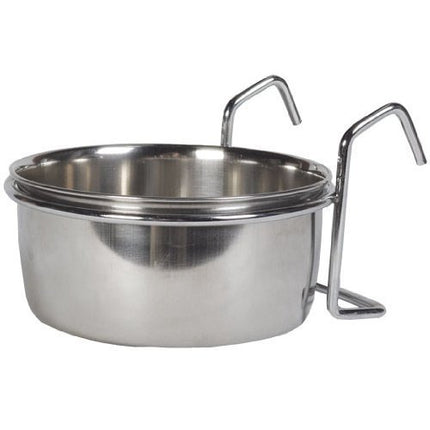 Hanging stainless steel coop cup for birds, 850ml capacity, durable bird cage accessory by Macaw And Friends.