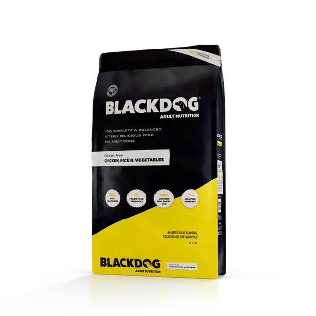 Black dog adult dog food with chicken, rice, and vegetables from Macaw and Friends, shown in the image.