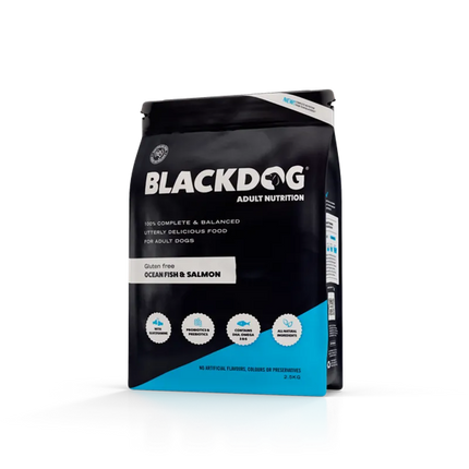 Black dog adult salmon, ocean fish, rice, and vegetables dog food by Macaw and Friends, showing the product packaging and ingredients.