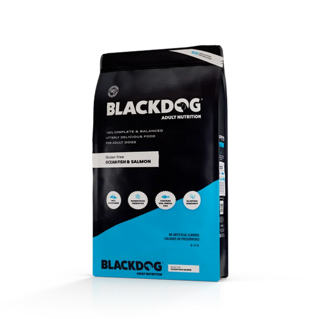 Black dog adult salmon, ocean fish, rice, and vegetables dog food by Macaw and Friends, showing a bowl of nutritious pet food.