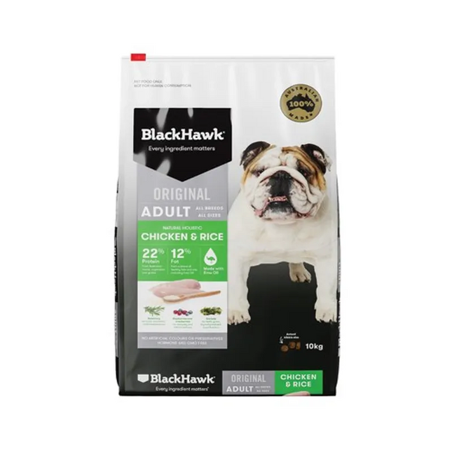 Black Hawk adult dog food in 3kg bag by Macaw And Friends, featuring chicken and rice formula for balanced pet nutrition.
