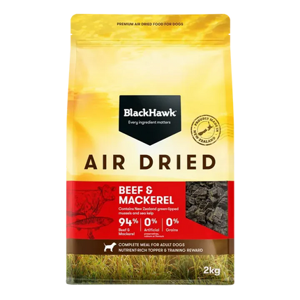 Black Hawk Air Dried Beef and Fish pet food by Macaw And Friends, 2kg bag, high-quality dog food with natural ingredients