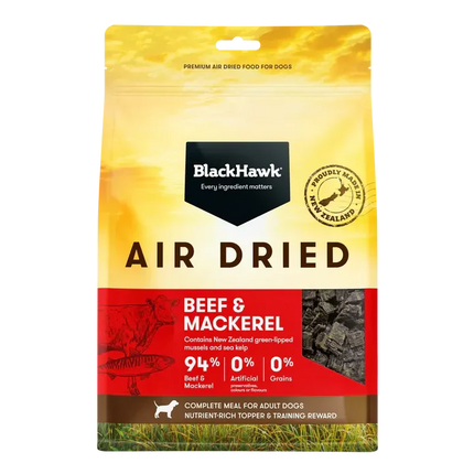 Black Hawk air-dried beef and fish dog food by Macaw and Friends, 2kg package, shown in a clear view.