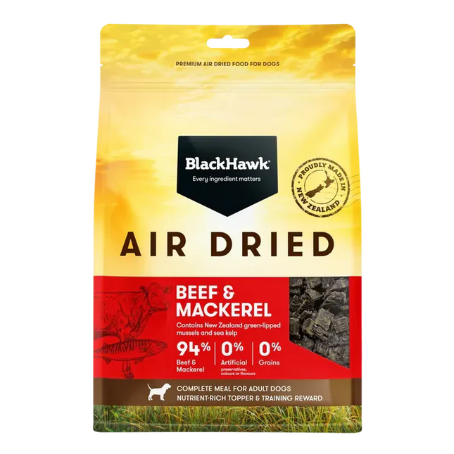Black Hawk air-dried beef and fish dog food by Macaw and Friends, 2kg package, shown in a clear view.