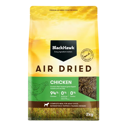 Black Hawk Air Dried Chicken for dogs, natural pet food from Macaw And Friends, visible pieces of dried chicken in the image