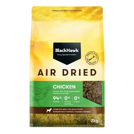 Black Hawk Air Dried Chicken dog food by Macaw And Friends, showing the resealable bag with chicken slices inside.