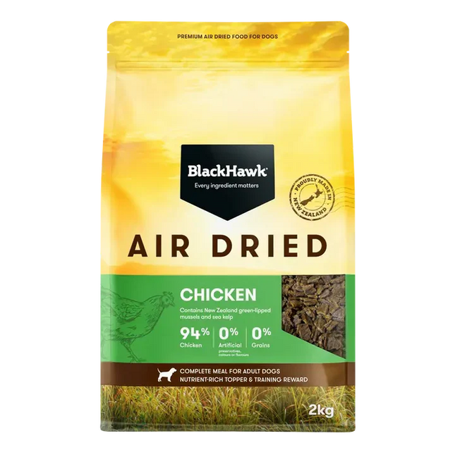 Black Hawk Air Dried Chicken dog food by Macaw And Friends, showing the resealable bag with chicken slices inside.