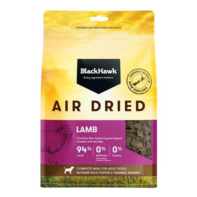 Black Hawk Air Dried Lamb dog food from Macaw And Friends, showing premium, natural pet food with dried lamb pieces in a bag.