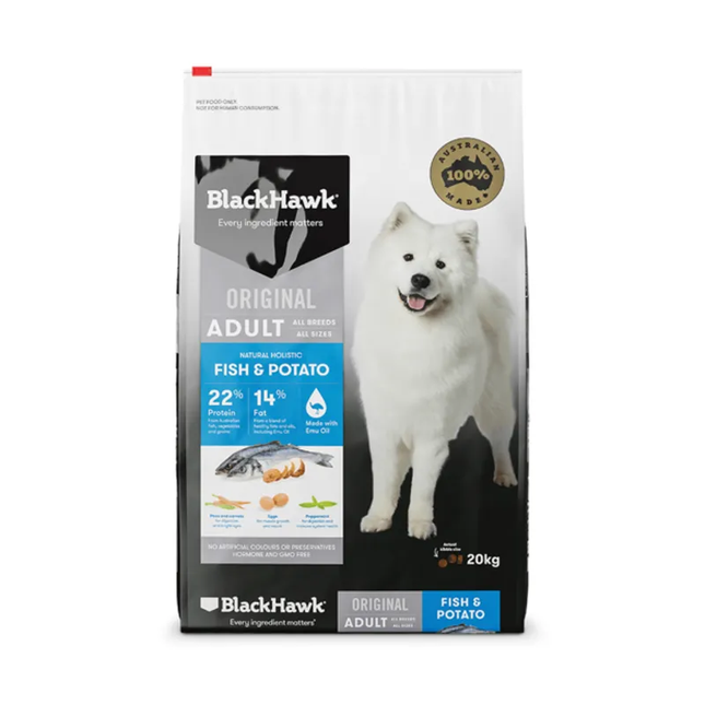 Black Hawk adult dog food with fish and potatoes, 3kg bag from Macaw and Friends, showing the pet food packaging.