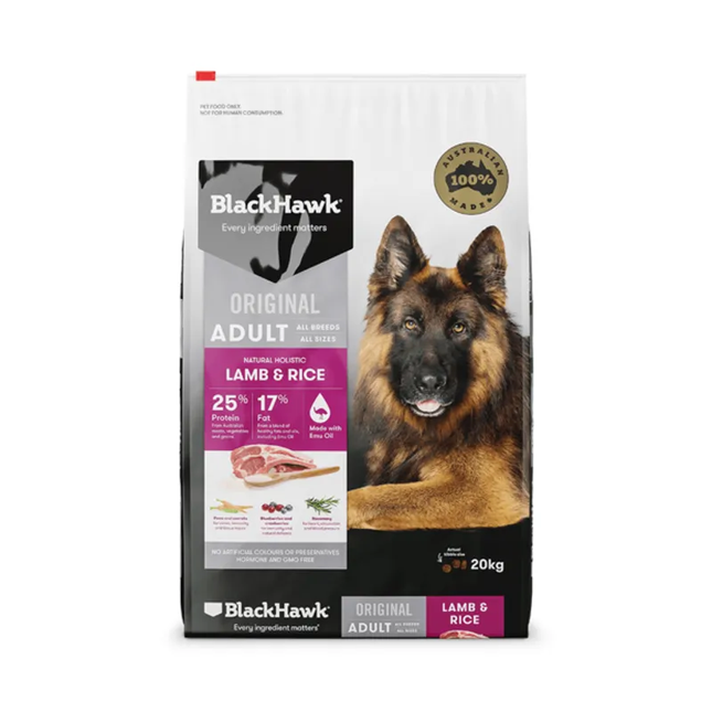 Black Hawk adult dog food in 10kg bag with lamb and rice, by Macaw and Friends, suitable for pet care and nutrition.