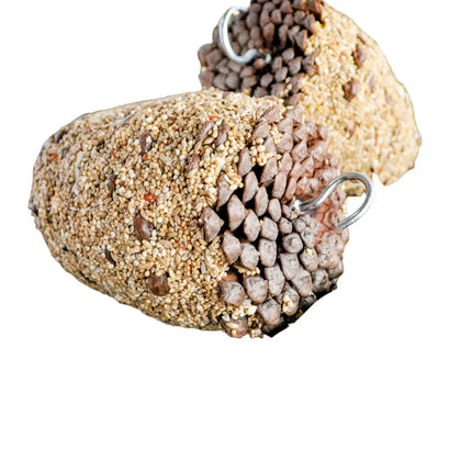 Small, medium, and large Forage Pinecone bird toys by Macaw & Friends Pet Supplies, designed for stimulating pet birds.