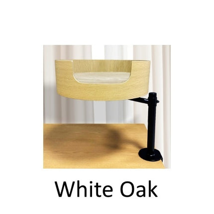 White oak desk nest cat bed by Macaw and Friends, cozy and stylish for feline relaxation on your workspace.