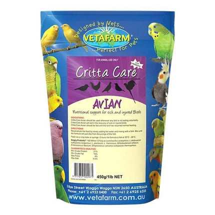 Vetafarm Avian Crittacare 450g bird cage supplement for pet birds, shown in a clear container with label detail.