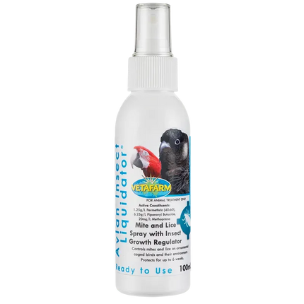 Vetafarm Avian Insect Liquidator 100ml bottle for bird cage pest control, featuring clear liquid with a screw cap.