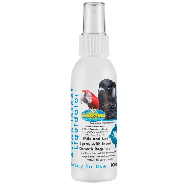 Vetafarm Avian Insect Liquidator 100ml bottle for bird cage pest control, featuring clear liquid with a screw cap.