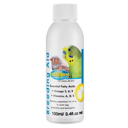 Vetafarm Breeding Aid 100ml for birds, in a clear bottle, designed to support bird breeding and reproductive health.