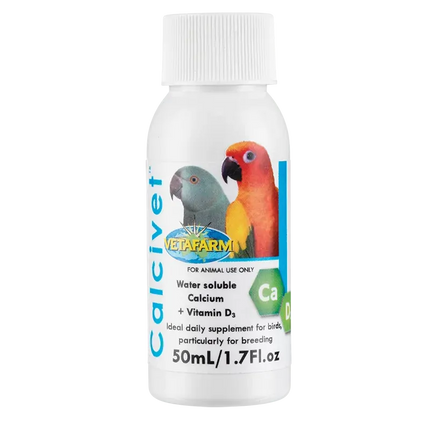 Vetafarm Calcivet 50ml bird supplement bottle for cage accessories, ideal for bird health and nutrition.