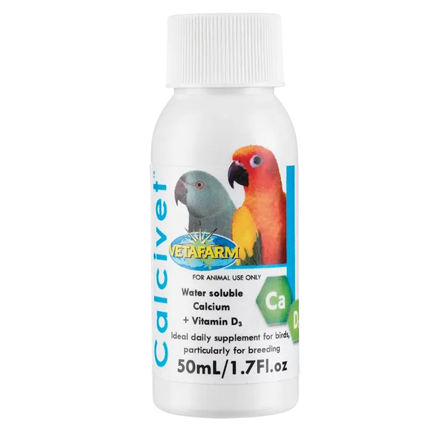 Vetafarm Calcivet 50ml bird supplement bottle for cage accessories, ideal for bird health and nutrition.