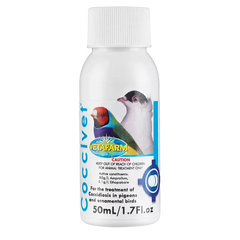 Vetafarm Coccivet 50ml bottle for bird parasite treatment, suitable for use with macaws and other pet birds.
